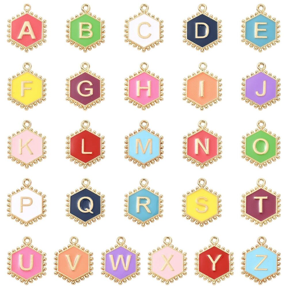 6036 52 pcs Alloy Hexagon Shape Letter Enamel Charms Alphabet Letter A~Z